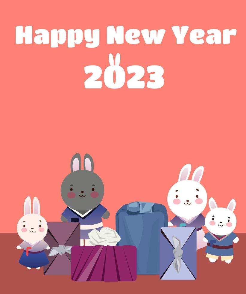 2023 gyemyo jahr neujahr kaninchen charakter illustration. kaninchenfamilie mit geschenken für das neue jahr. Postkarte. Vektor-Illustration. flacher Stil. vektor