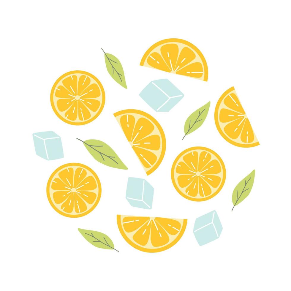 citron- skivor med mynta och is. kort med citroner. citronsaft begrepp. vektor illustration. i en platt hand dragen stil.