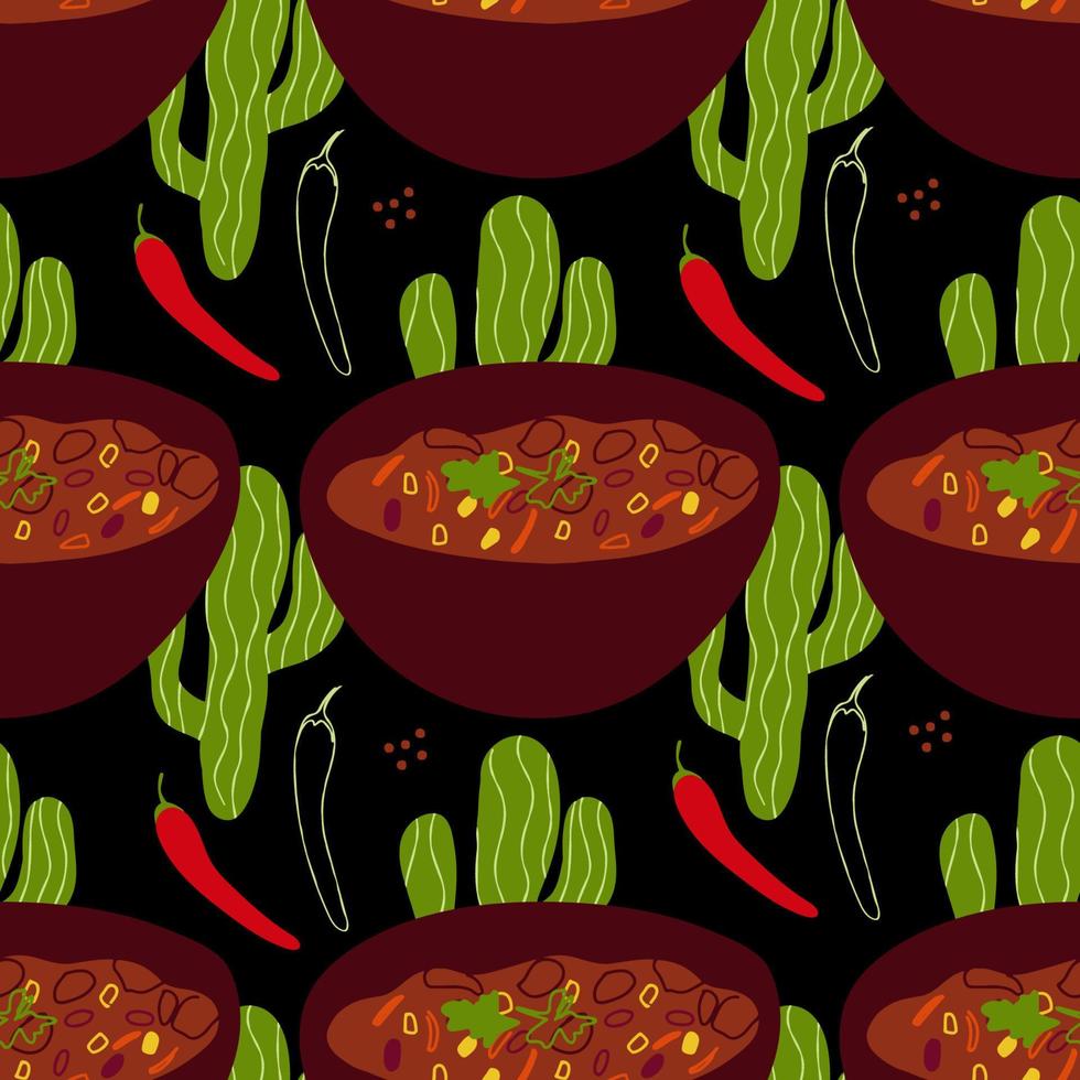 sömlös mönster med illustration av mexikansk kök chili lura carne på en svart bakgrund med kaktus och chili vektor