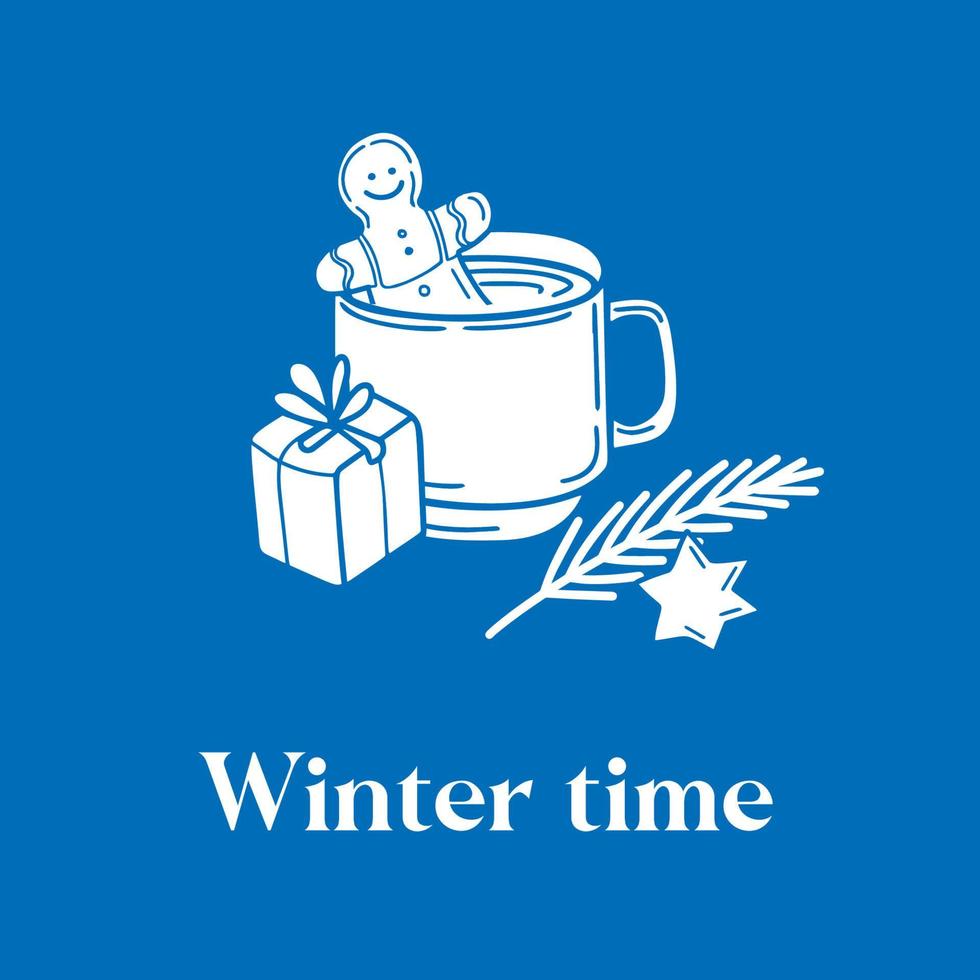 winterzeittext und heiße schokolade mit lebkuchentannenzweigillustration im gekritzelstil auf blau vektor