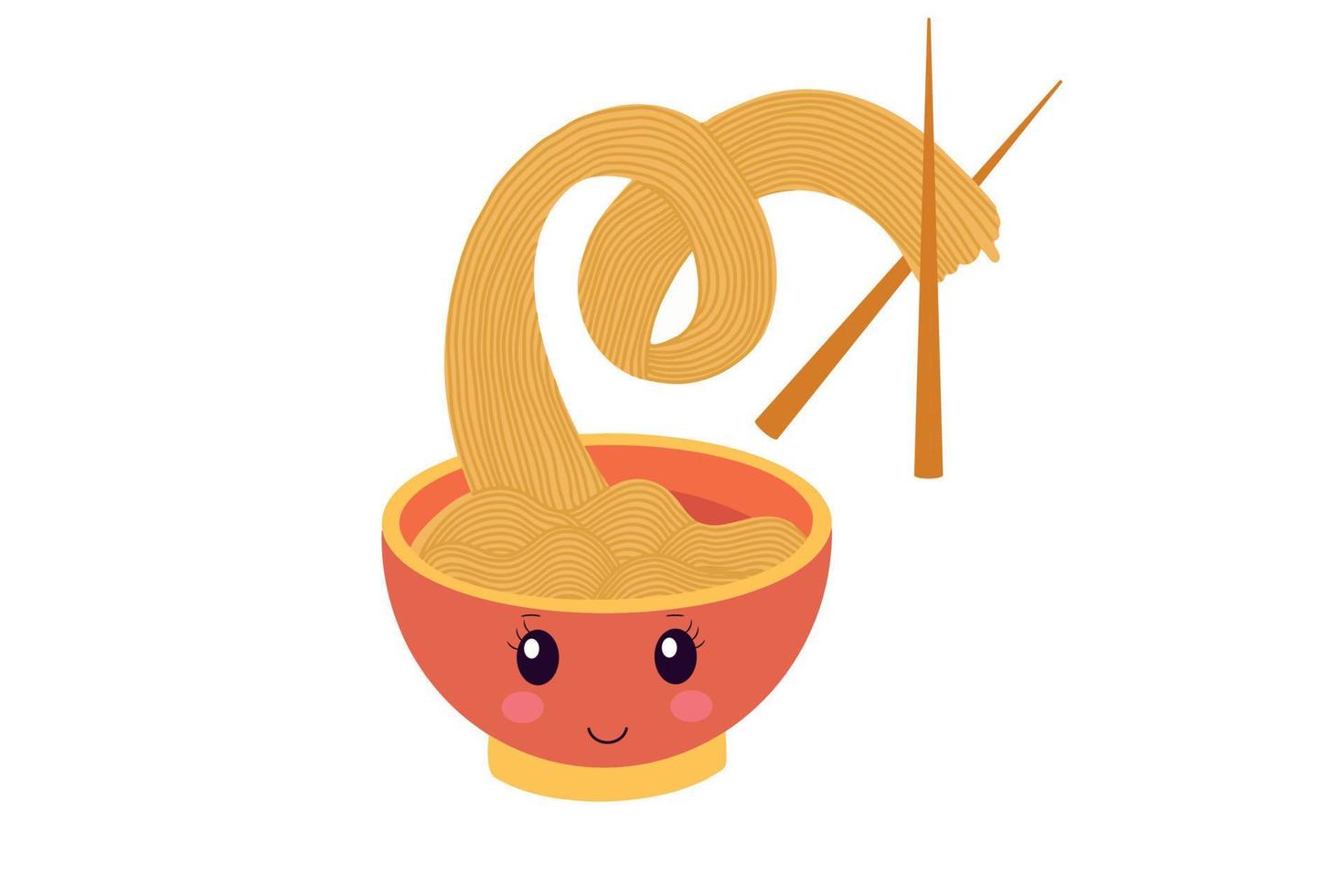 en kawaii-stil maträtt med orientalisk spaghetti. asiatisk spaghetti isolerat på en vit bakgrund, bild av en traditionell kinesisk Ramen restaurang med pasta och ätpinnar, vektor illustration.