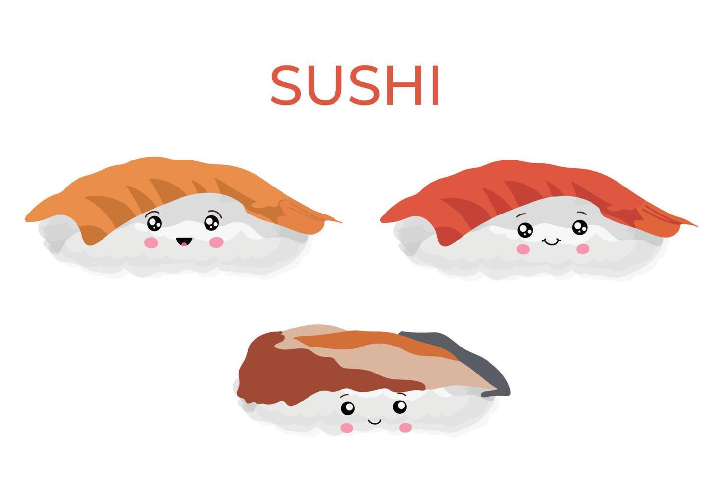 sushi im stil von kawai, traditionelles japanisches essen. Gruppe asiatischer Meeresfrüchte. vorlage für sushi-restaurant, café, lieferung vektor