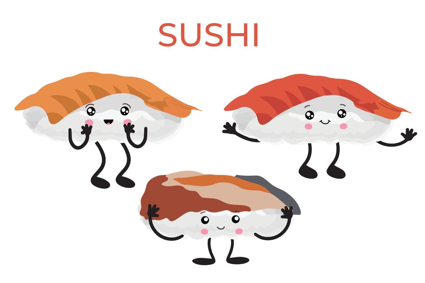 sushi i de stil av kawai, traditionell japansk mat. asiatisk skaldjur grupp. mall för sushi restaurang, Kafé, leverans vektor