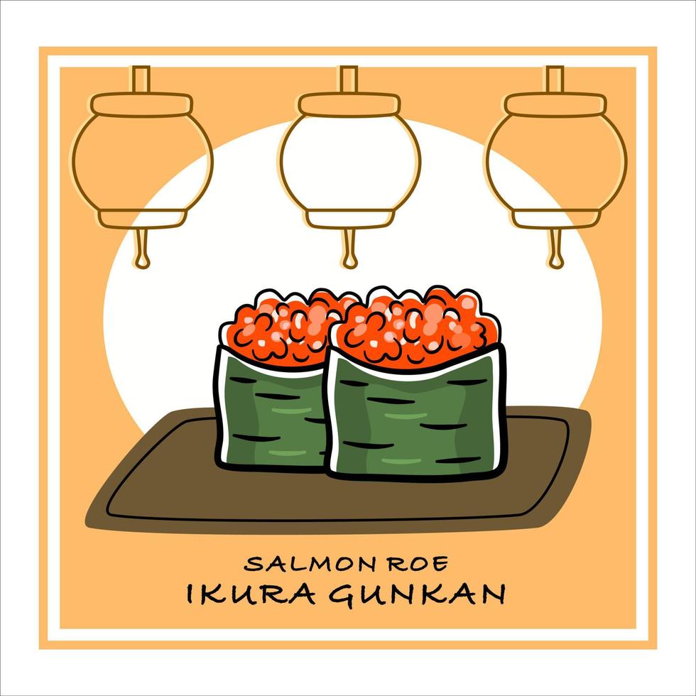 en uppsättning av gunkan maki sushi med lax rom. ikura gunkan illustration med äkta bakgrund. vektor