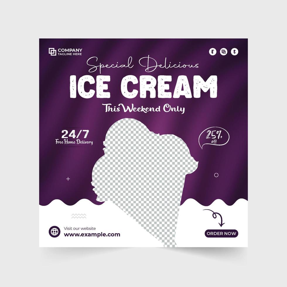 spezieller Schokoladeneis-Social-Media-Postvektor mit violetten und dunklen Hintergründen. Dessert-Business-Werbeplakat-Design mit abstrakten Formen. Eiscreme-Verkaufsrabatt-Schablonenvektor. vektor