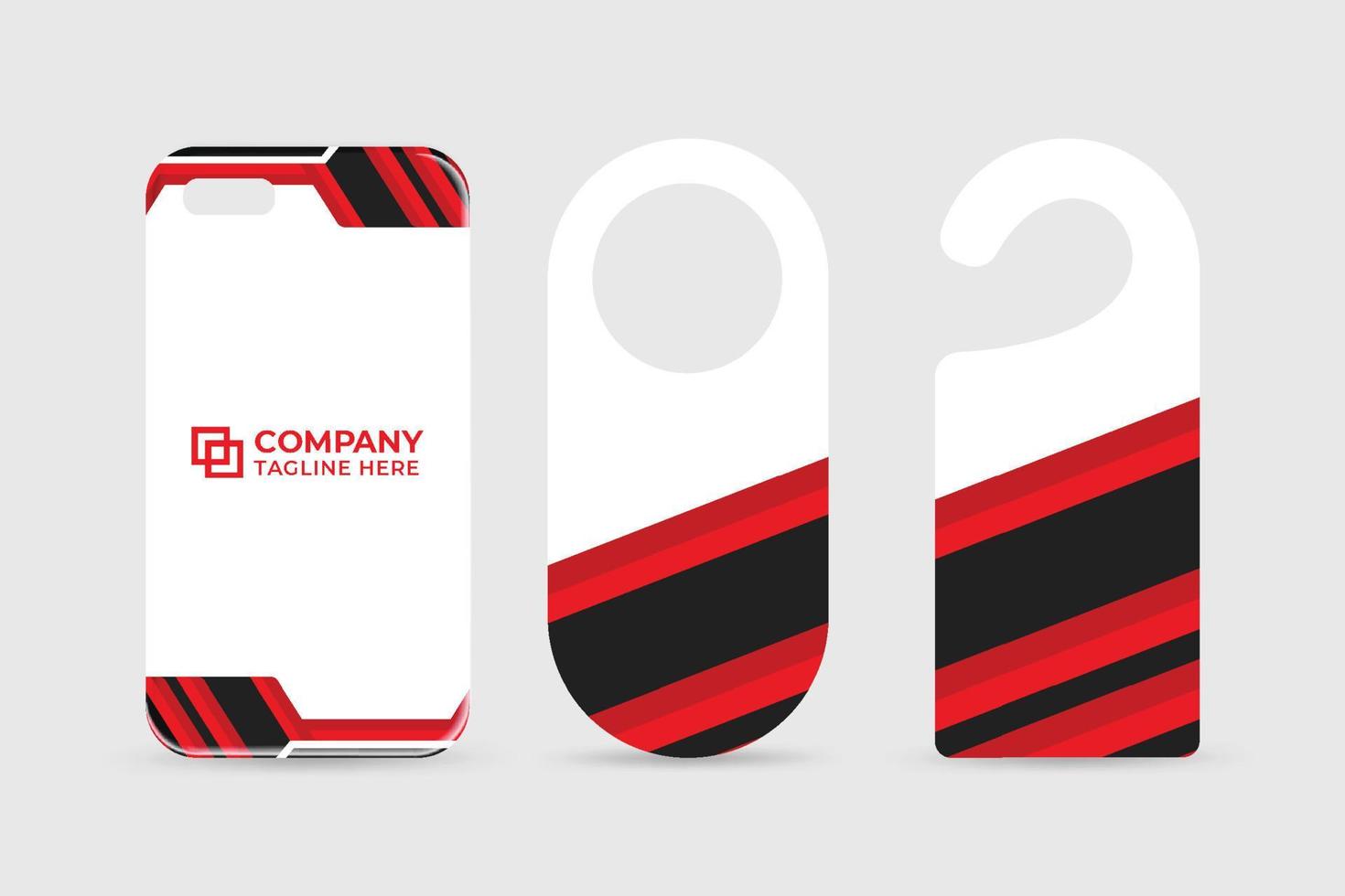 Spezielle Türhänger und Handyhüllendesign für das Branding von Unternehmen. Corporate Identity Werbung Template Design mit roten und dunklen Farben. Büromaterial-Vorlagenpaket für Marketing. vektor