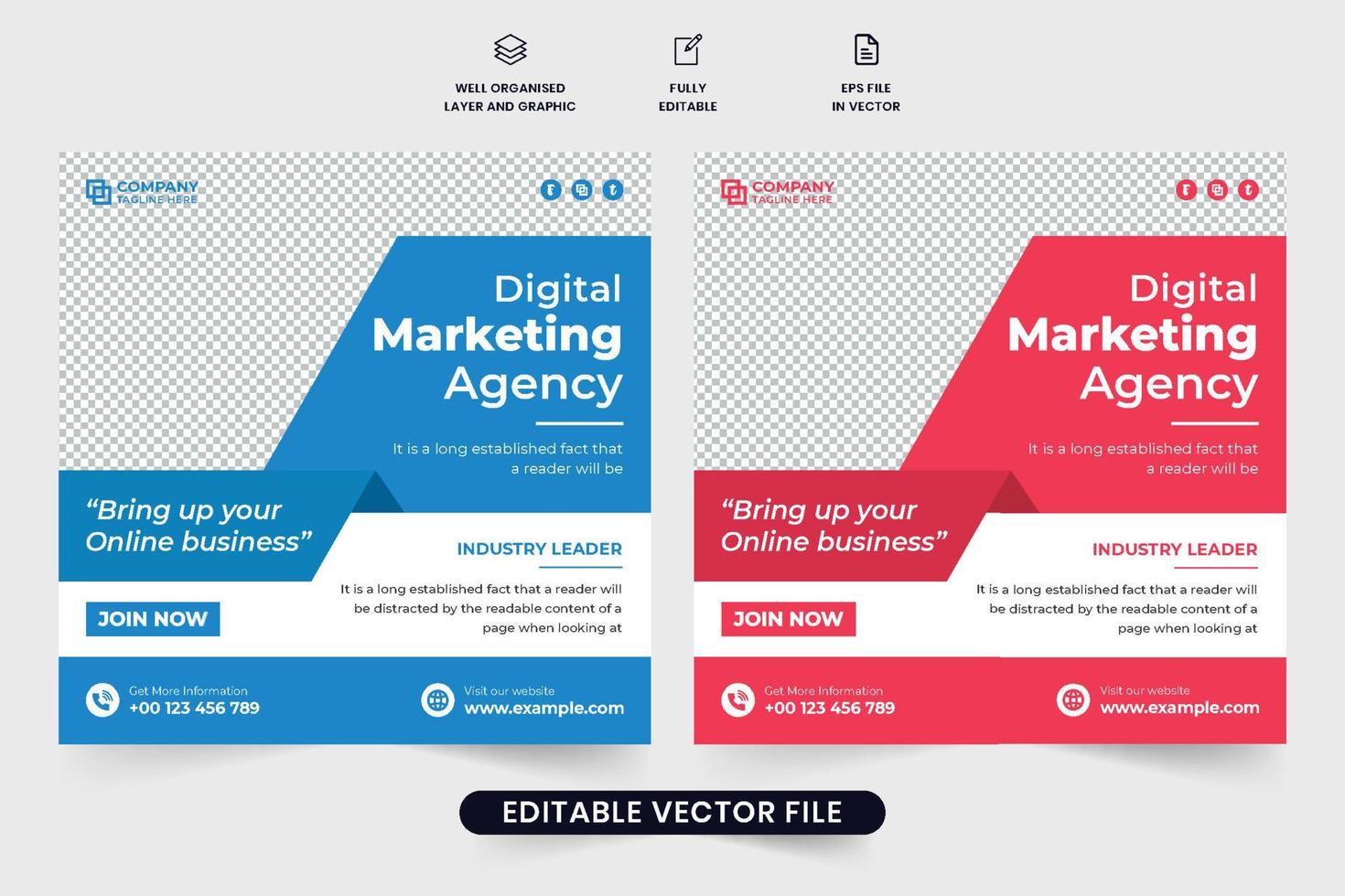 minimales posterdesign der marketingagentur für die geschäftsförderung. Werbevorlagenvektor für Marketingunternehmen mit blauen und roten Farben. Postdesign für digitales Marketing in sozialen Medien für moderne Unternehmen. vektor