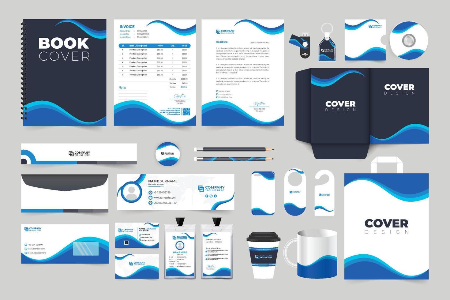 Branding Identity Template Design für Werbung. Corporate Business Briefpapier Vektor mit dunklen und blauen Farben für das Marketing. Vorlagensammlung für Unternehmensmarkenidentität für das Büro.