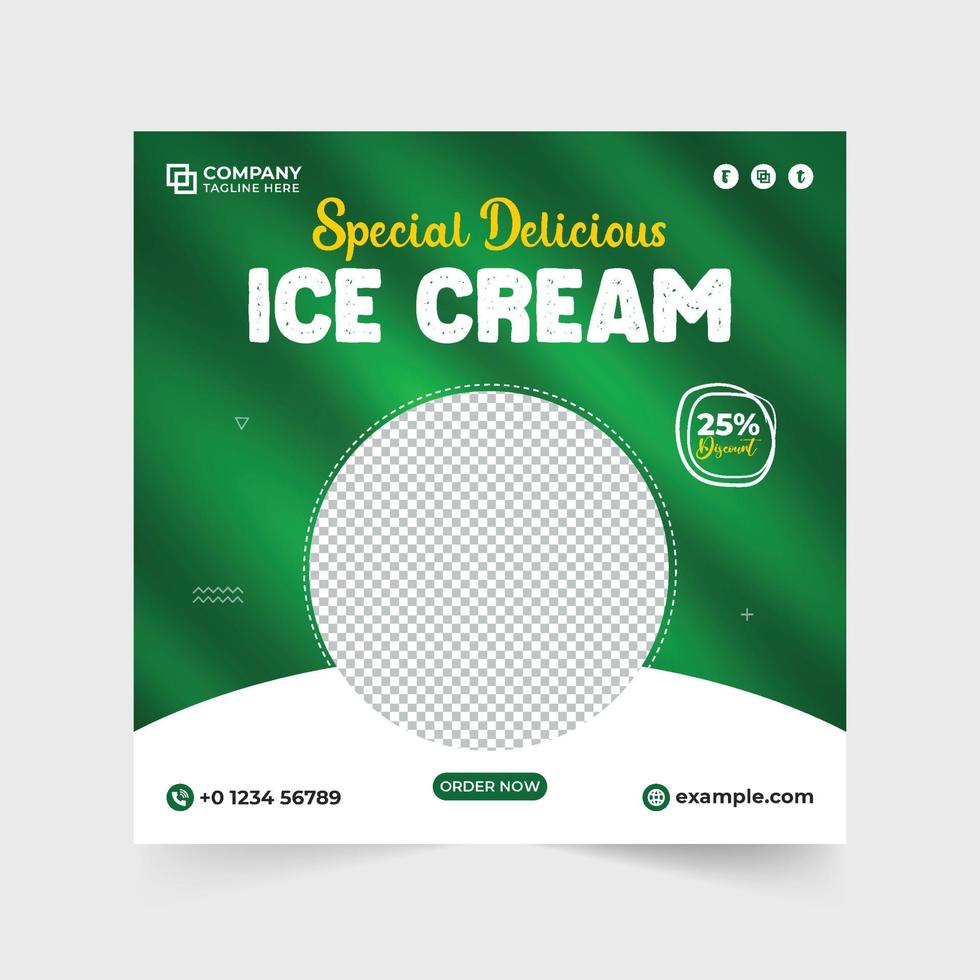 Eisverkauf Social Media Post Vektor mit roten und grünen Hintergründen. einfaches Werbebanner-Design für Eiscreme für das Marketing. Köstliches Essen und Eis-Poster-Vektor mit Foto-Platzhaltern