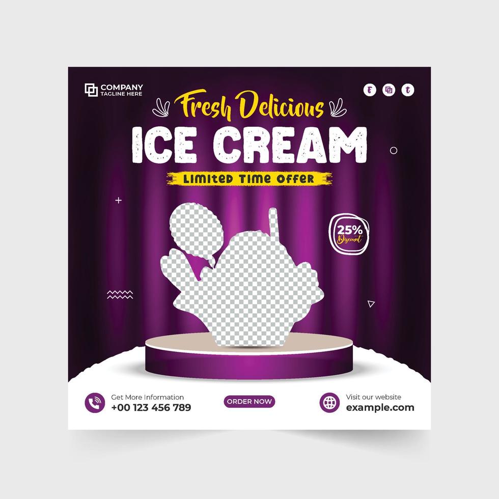 frisches eisverkaufsvorlagendesign mit dunklen und lila farben. Web-Banner-Vektor für köstliche Speisen und Desserts mit Foto-Platzhaltern. spezielles Vorlagendesign für Eiscreme-Werbung. vektor