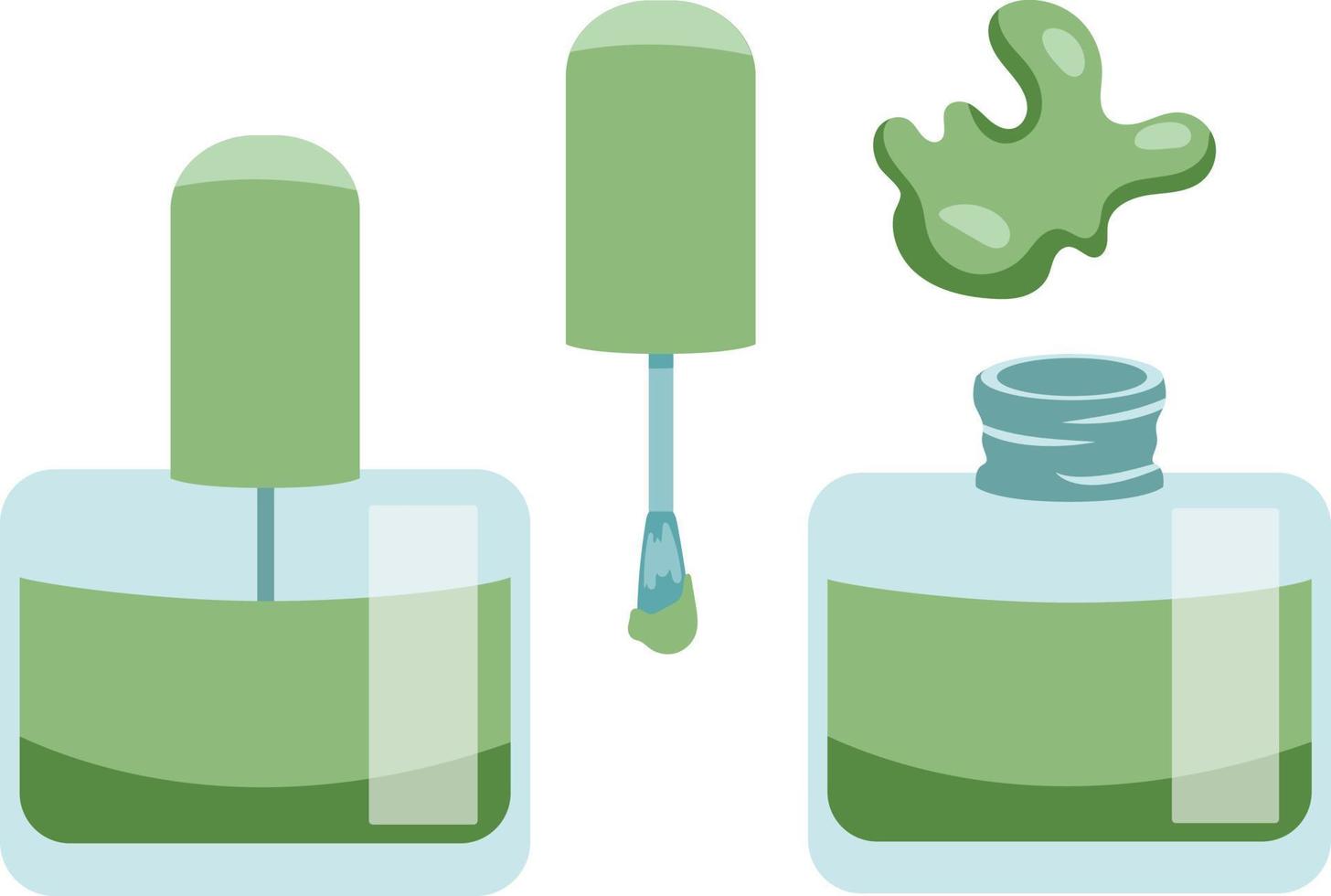 Maniküre-Set mit grünem Nagellack. Nagellackflasche und Pinsel isoliert auf weißem Hintergrund flachen Stil vektor