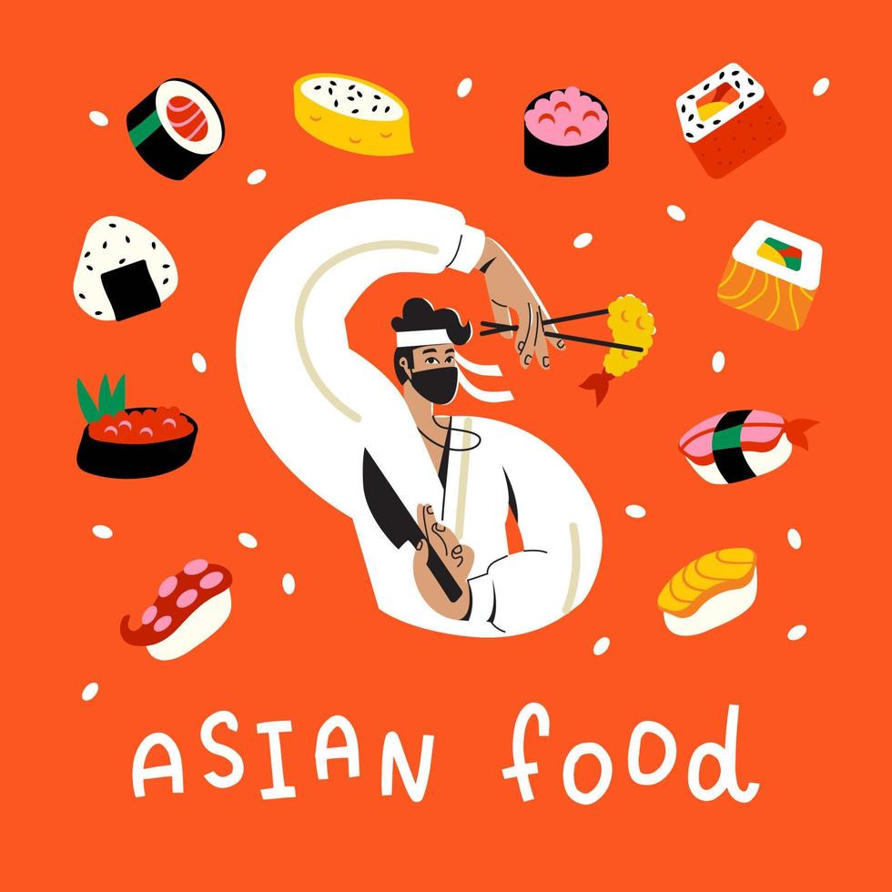 japansk laga mat asiatisk mat. asiatisk kock kockar asiatisk fisk mat. sushi förberedelse vektor