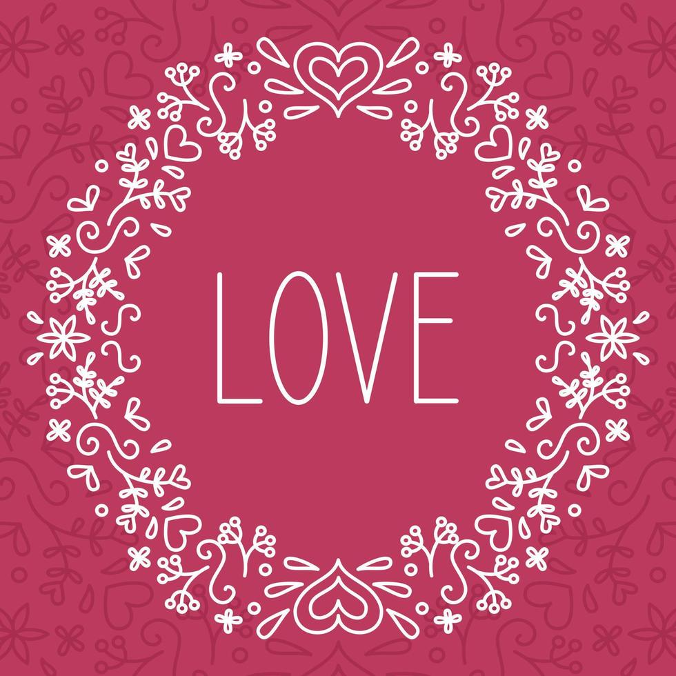 valentinstag grußkarte. Schriftzug Liebe. Blumenrahmen im Doodle-Stil auf einem Viva-magentafarbenen Hintergrund. vektor