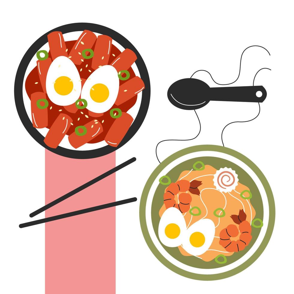 Konzeptillustration mit Tteokbokki- und Ramen-Tow-Ansicht. traditionelle asiatische küche. Vektorgrafik auf Lager isoliert auf weißem Hintergrund. flacher Stil vektor