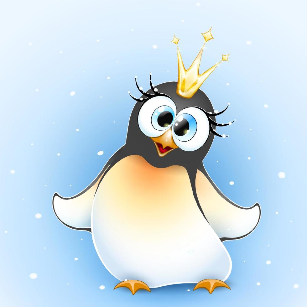 niedliche kleine cartoon lustige pinguinprinzessin mit krone unter winterschneefall vektor