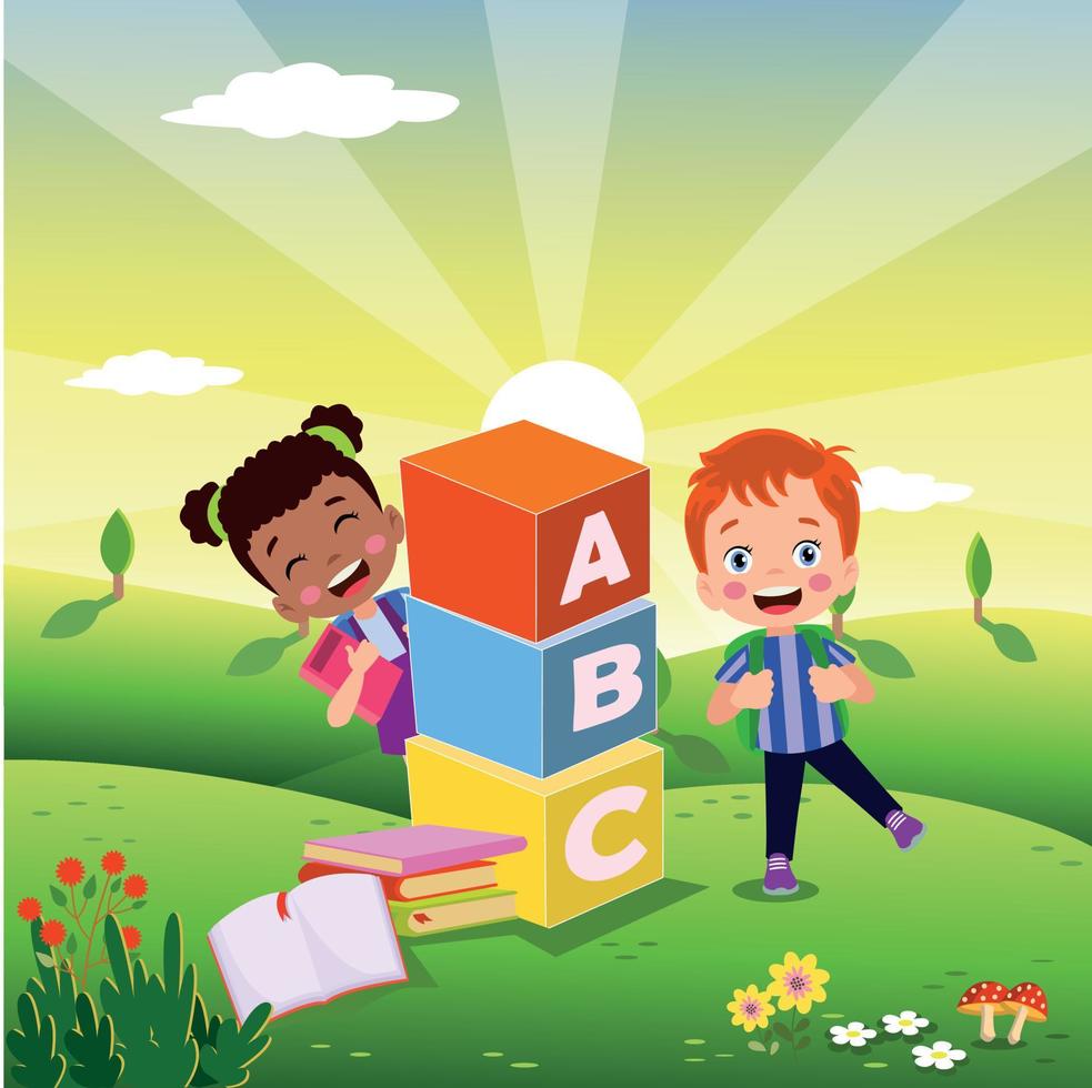 vektorillustration von netten kindern mit abc-blöcken, abc-buchstaben vektor