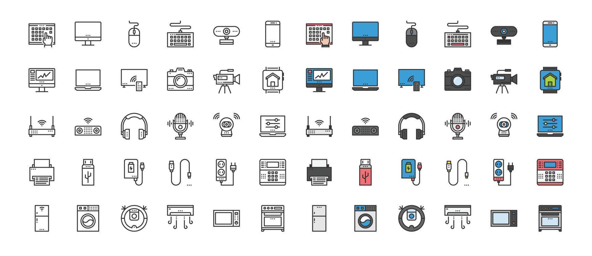 Heimelektronik Geräte Symbol Symbol Design einfaches Set für die Verwendung in Webgrafiken Bericht Logo Infografiken. Umrisssymbol-Vektorsammlung in bester Qualität, Kamera, Kopfhörer, Multimedia vektor