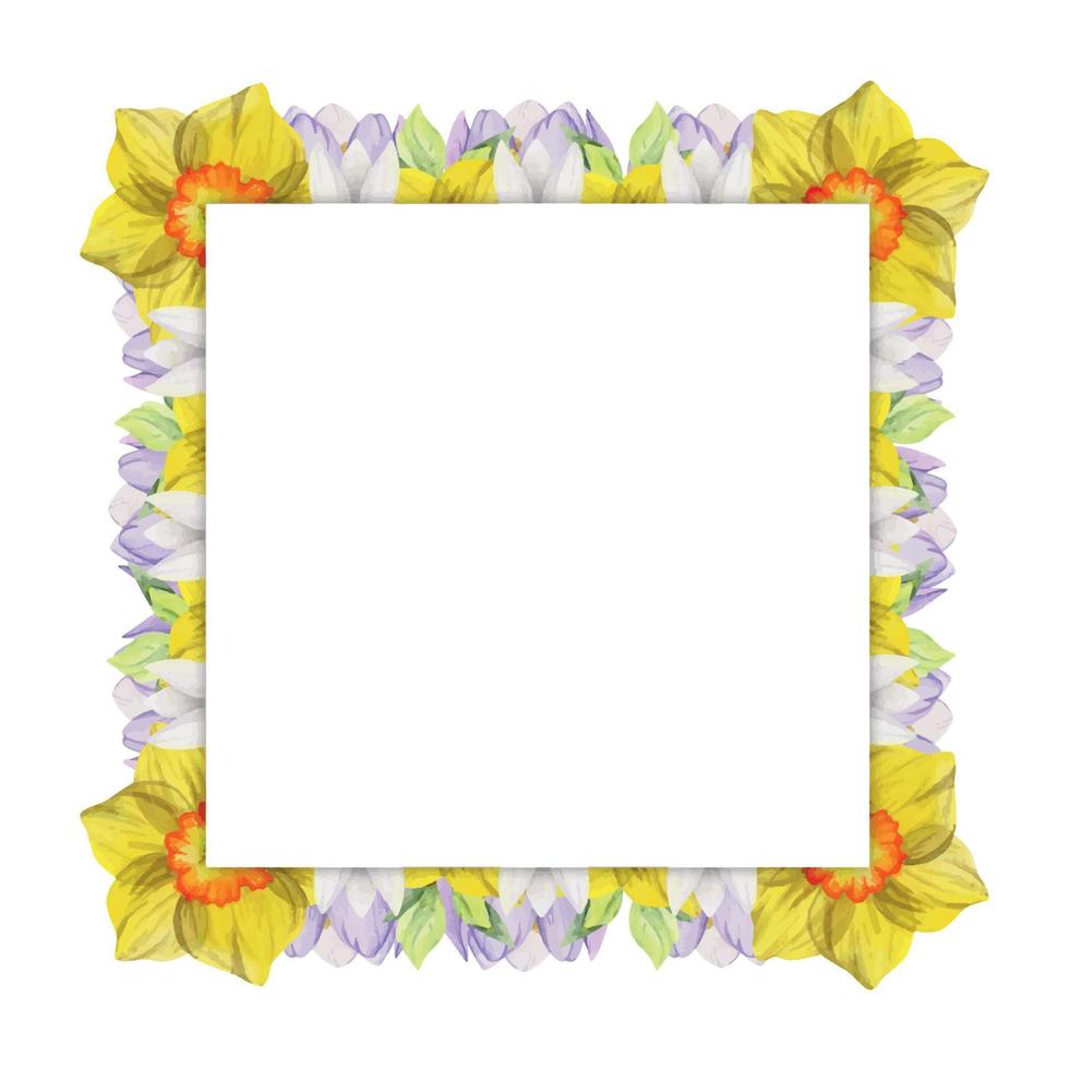 aquarell handgezeichneter quadratischer rahmen mit frühlingsblumen, krokus, schneeglöckchen, narzissen, blättern. isoliert auf weißem Hintergrund. design für einladungen, hochzeit, grußkarten, tapeten, druck, textil. vektor