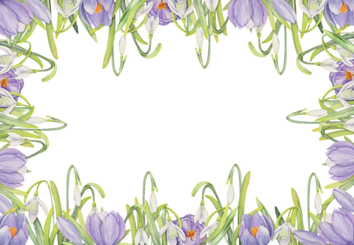 aquarell handgezeichneter quadratischer rahmen mit frühlingsblumen, krokus, schneeglöckchen, zweigen, blättern. isoliert auf weißem Hintergrund. design für einladungen, hochzeit, grußkarten, tapeten, druck, textil. vektor