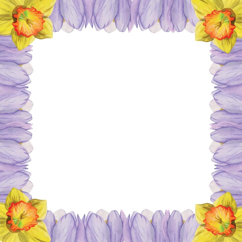 aquarell handgezeichneter quadratischer rahmen mit frühlingsblumen, krokus, schneeglöckchen, narzissen, blättern. isoliert auf weißem Hintergrund. design für einladungen, hochzeit, grußkarten, tapeten, druck, textil. vektor