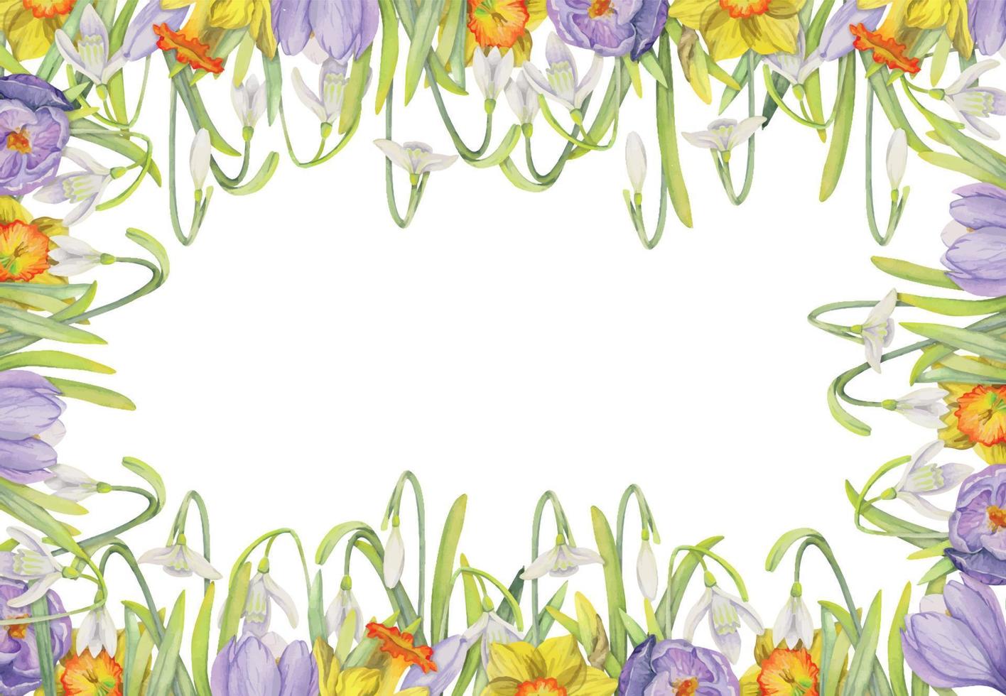 aquarell handgezeichneter quadratischer rahmen mit frühlingsblumen, krokus, schneeglöckchen, narzissen, blättern. isoliert auf weißem Hintergrund. design für einladungen, hochzeit, grußkarten, tapeten, druck, textil. vektor
