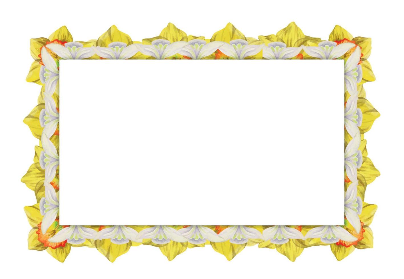 aquarell handgezeichneter quadratischer rahmen mit frühlingsblumen, narzissen, schneeglöckchen, zweigen, blättern. isoliert auf weißem Hintergrund. design für einladungen, hochzeit, grußkarten, tapeten, druck, textil vektor