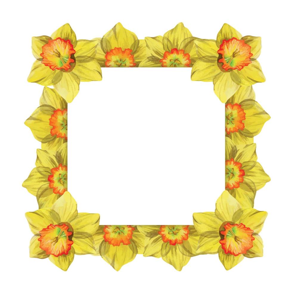 aquarell handgezeichneter quadratischer rahmen mit frühlingsblumen, narzissen, schneeglöckchen, zweigen, blättern. isoliert auf weißem Hintergrund. design für einladungen, hochzeit, grußkarten, tapeten, druck, textil vektor