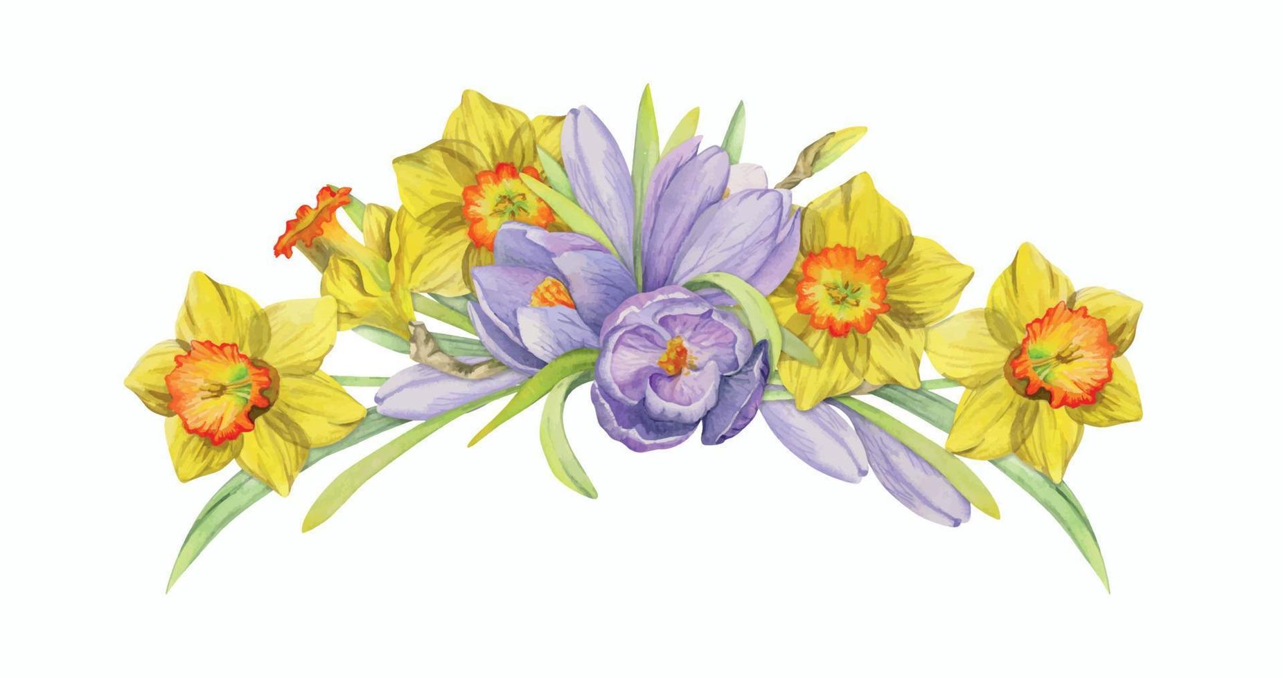 aquarell handgezeichnete komposition mit frühlingsblumen, krokus, schneeglöckchen, narzissen, schleife, geschenkanhänger. isoliert auf weißem Hintergrund. für einladungen, hochzeit, grußkarten, tapeten, druck, textil. vektor