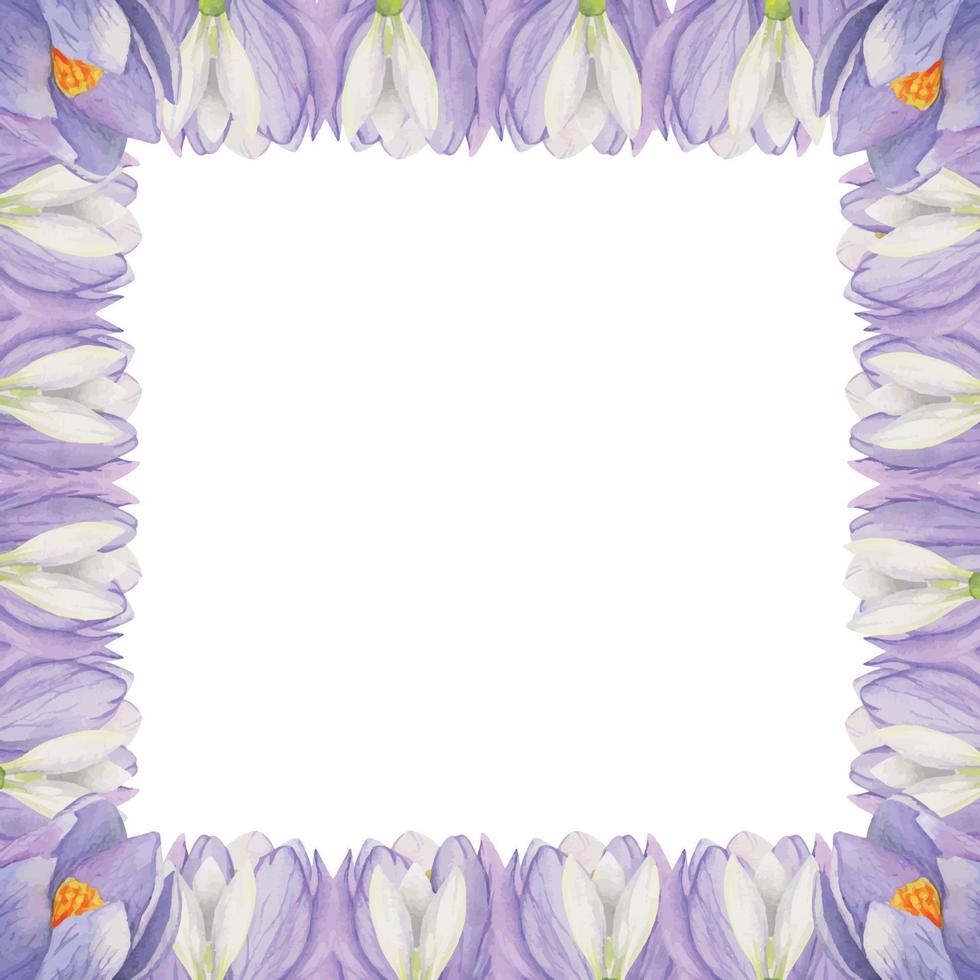 aquarell handgezeichneter quadratischer rahmen mit frühlingsblumen, krokus, schneeglöckchen, zweigen, blättern. isoliert auf weißem Hintergrund. design für einladungen, hochzeit, grußkarten, tapeten, druck, textil. vektor