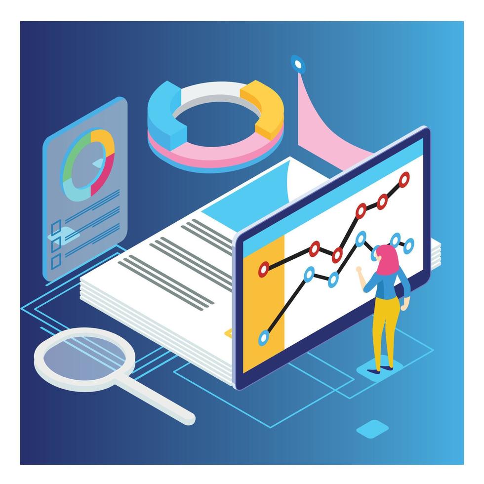 moderne isometrische datenanalyseillustration, webbanner, geeignet für diagramme, infografiken, buchillustrationen, spielobjekte und andere grafikbezogene objekte vektor