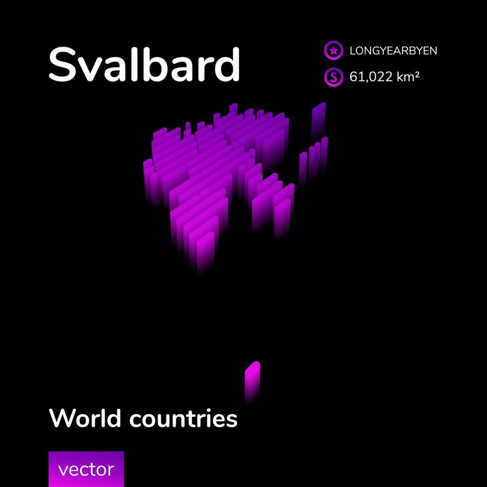 Spitzbergen 3D-Karte. stilisierte Neon digital isometrische gestreifte Vektorkarte in violetten und rosa Farben auf schwarzem Hintergrund. vektor