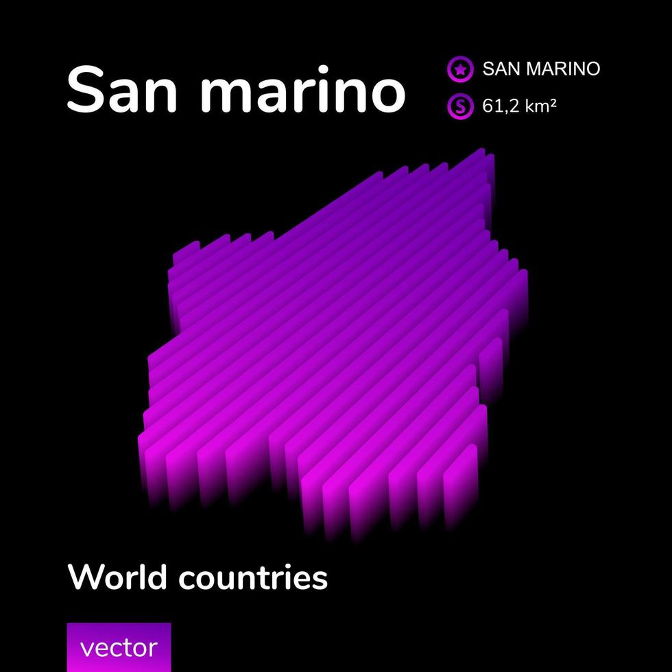 San Marino 3D-Karte. stilisierte Neon digital isometrische gestreifte Vektorkarte in violetten und rosa Farben auf schwarzem Hintergrund vektor