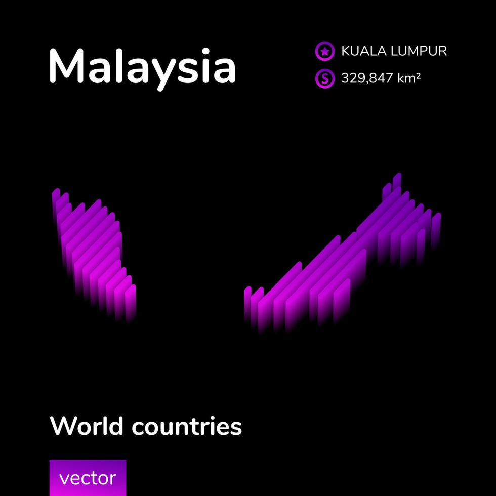 Malaysia 3D-Karte. stilisierte gestreifte isometrische Vektorkarte von Malaysia ist in neonvioletten und violetten Farben auf schwarzem Hintergrund vektor