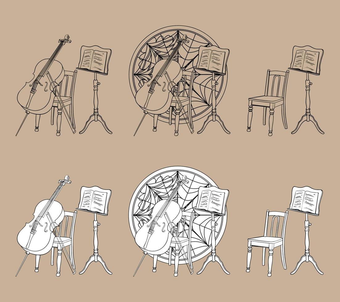 Cello auf Stuhl mit Rednerpult im Hintergrund des runden Fensters. der Mittwoch. gezeichnetes Symbol isoliert auf weißem und transparentem Hintergrund. Vektor. für Design- und Malbücher. vektor