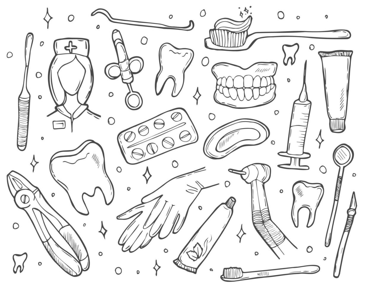 tandläkare uppsättning Inklusive tandläkare verktyg och dental vård verktyg. vektor hand dragen dental samling