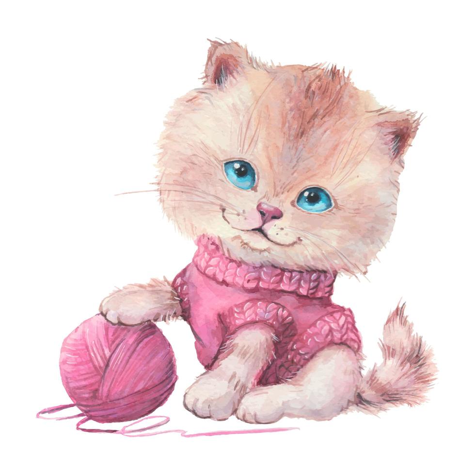 akvarell söt tecknad katt i en tröja med gäspning vektor