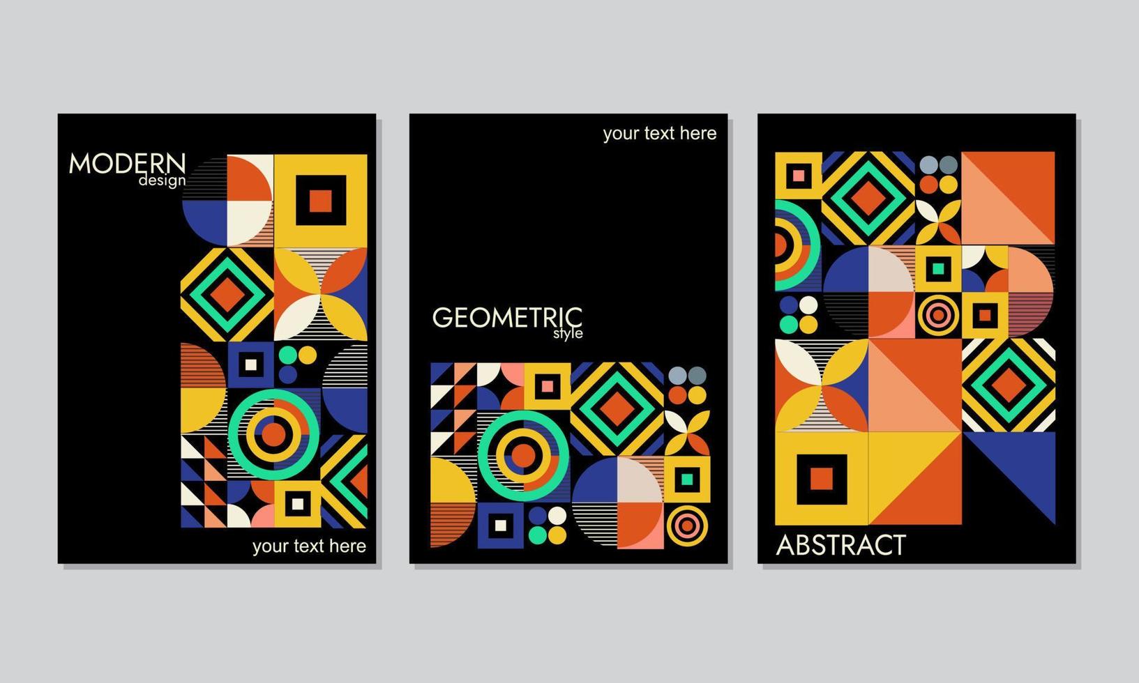 bunt uppsättning, tre svart Färg geometrisk bakgrund design, med omslag storlekar. abstrakt mosaik- retro stil omslag. vektor