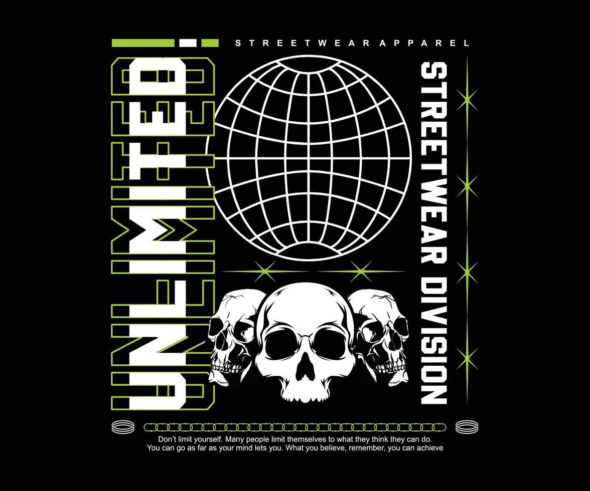 unbegrenzte benutzerdefinierte Typografie mit einem Totenkopf-Illustrationsstil, für Streetwear- und Urban-Style-T-Shirt-Design, Hoodies usw. vektor