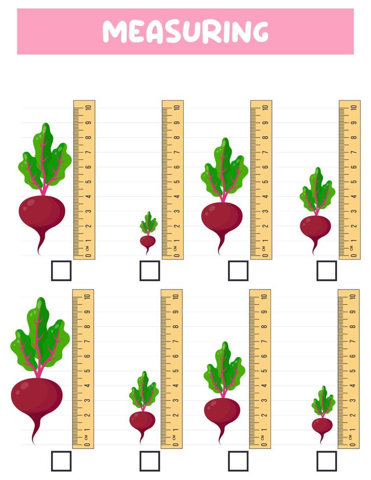 mätning längd med linjal. utbildning utvecklande arbetsblad. spel för barn.vektor illustration. öva lakan.betor mått i centimeter. vektor