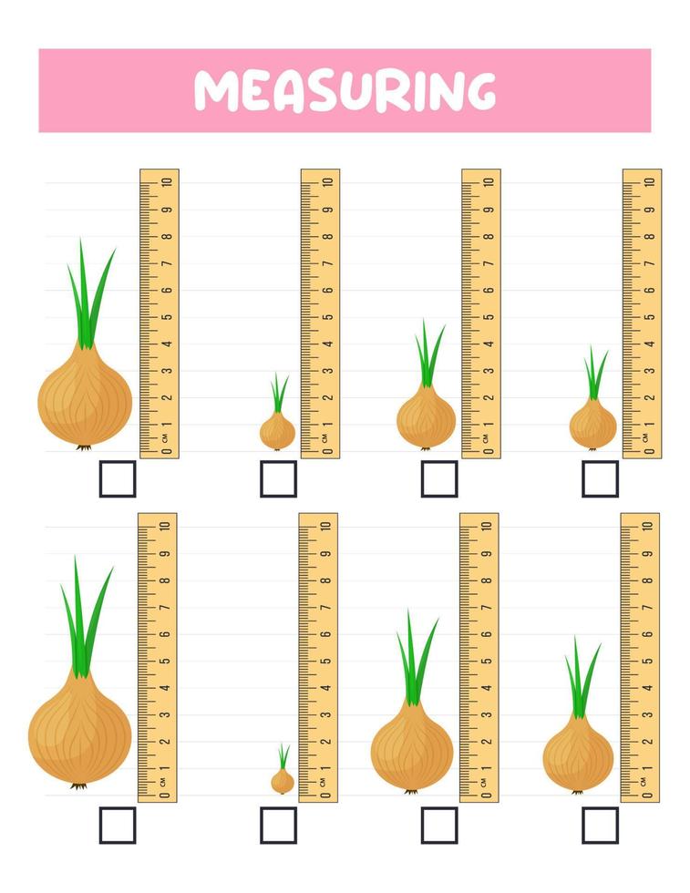 mätning längd med linjal. utbildning utvecklande arbetsblad. spel för barn.vektor illustration. öva lakan.lök mått i centimeter. vektor