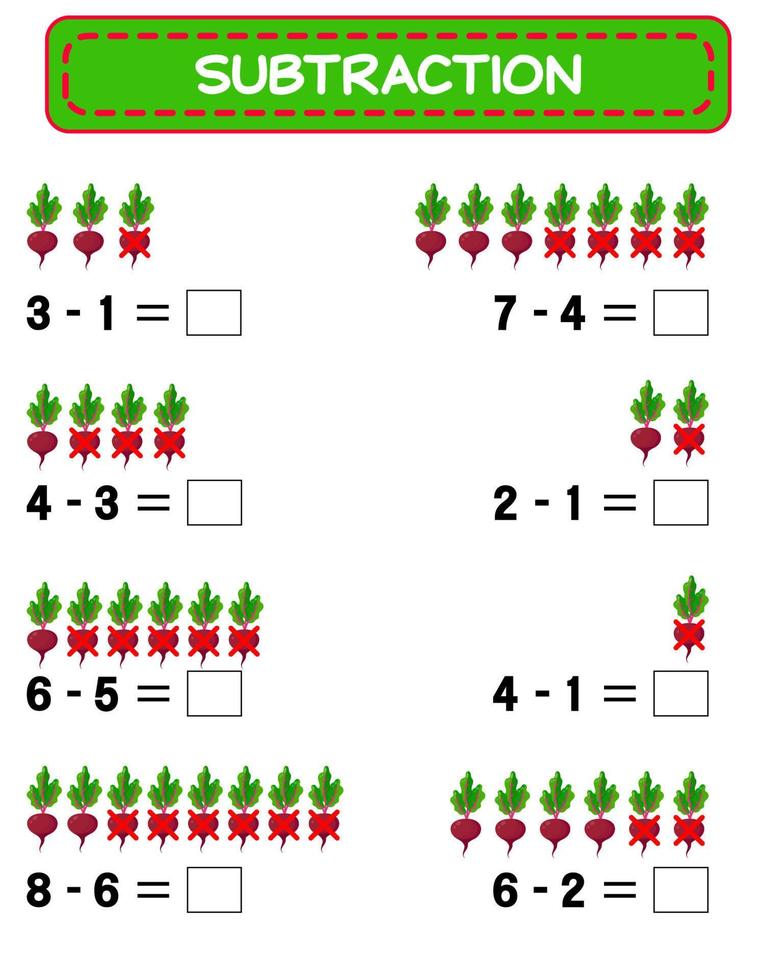 Subtraktion. Mathe-Arbeitsblatt für Kinder. Entwicklung von Rechenfähigkeiten. Beispiele lösen und schreiben. Mathematik. vektorillustration.pädagogik mathe kinderspiel. Abzug für Kinder vektor