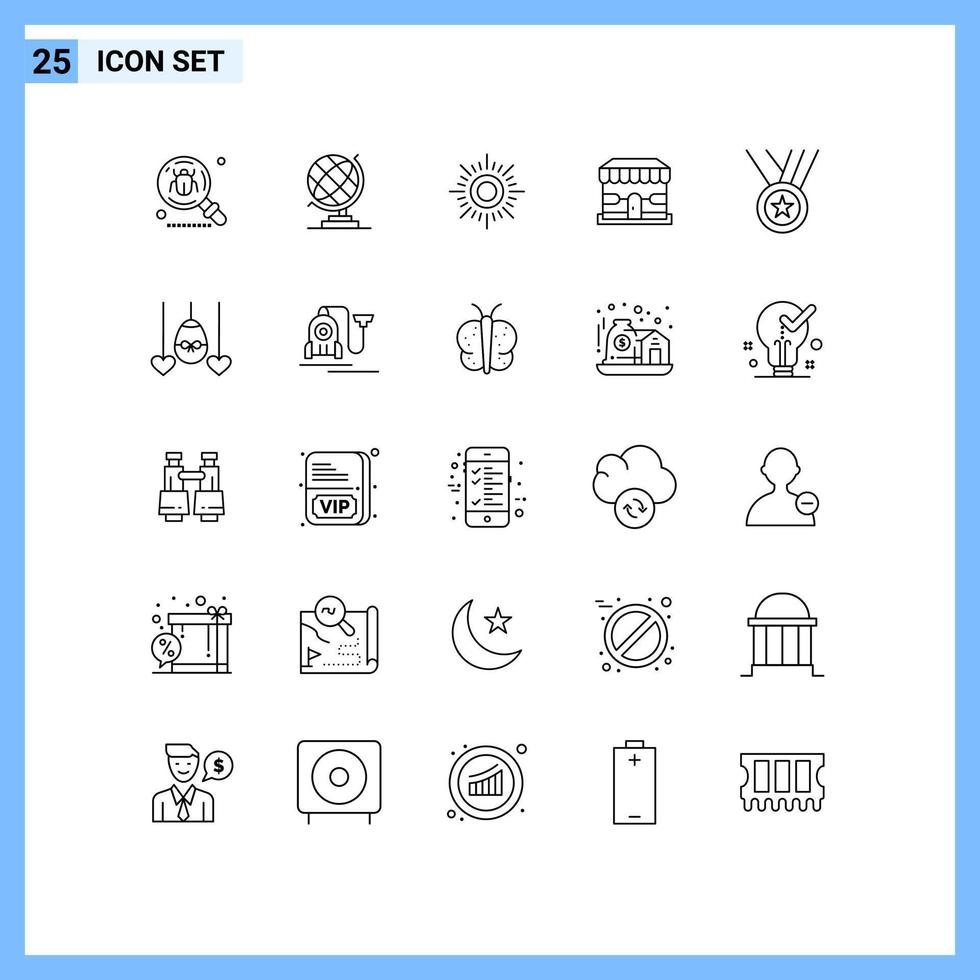 piktogram uppsättning av 25 enkel rader av prestanda tilldela Sol Lagra affär redigerbar vektor design element