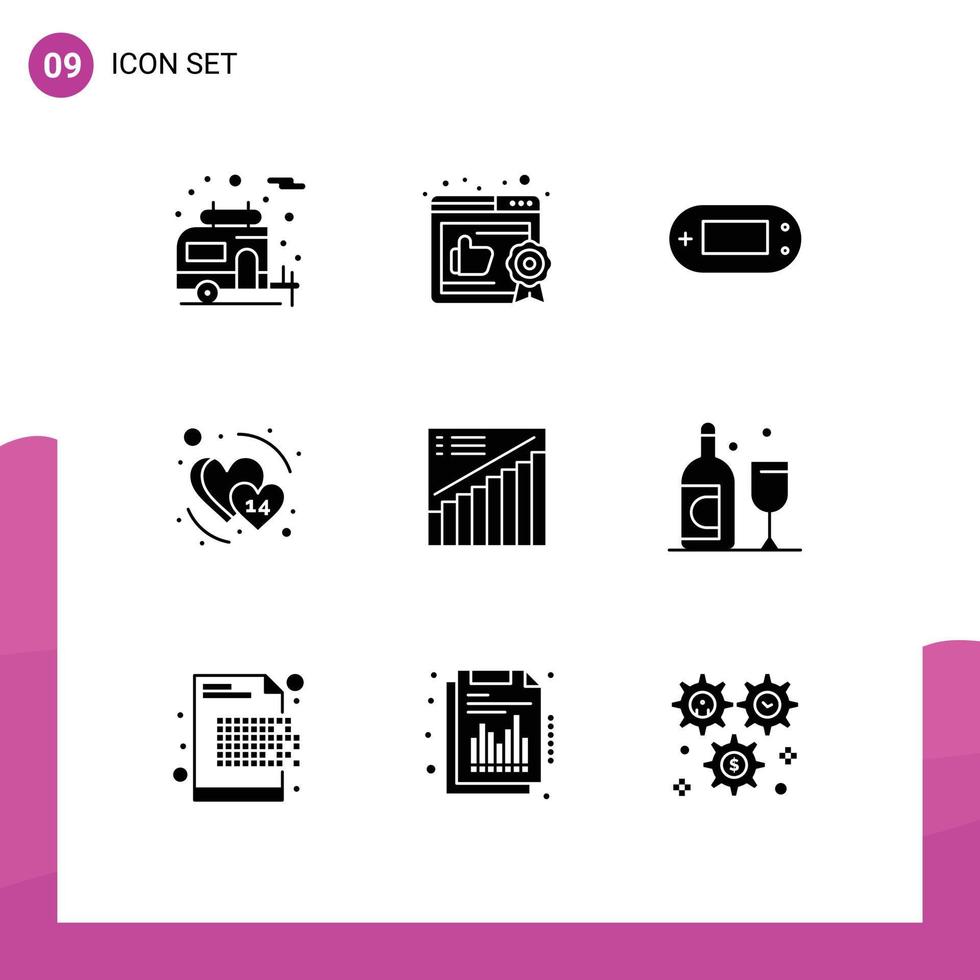 solides Glyphenpaket mit 9 universellen Symbolen für Präsentationsgrafik Playstation-Diagramm Februar editierbare Vektordesign-Elemente vektor