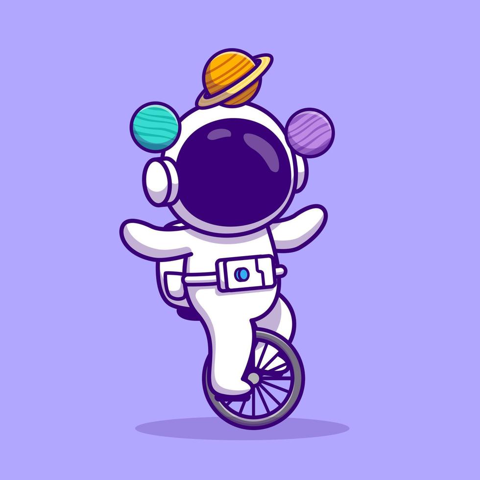 söt astronaut med enhjuling cykel och planeter tecknad serie vektor ikon illustration. människor teknologi ikon begrepp isolerat premie vektor. platt tecknad serie stil