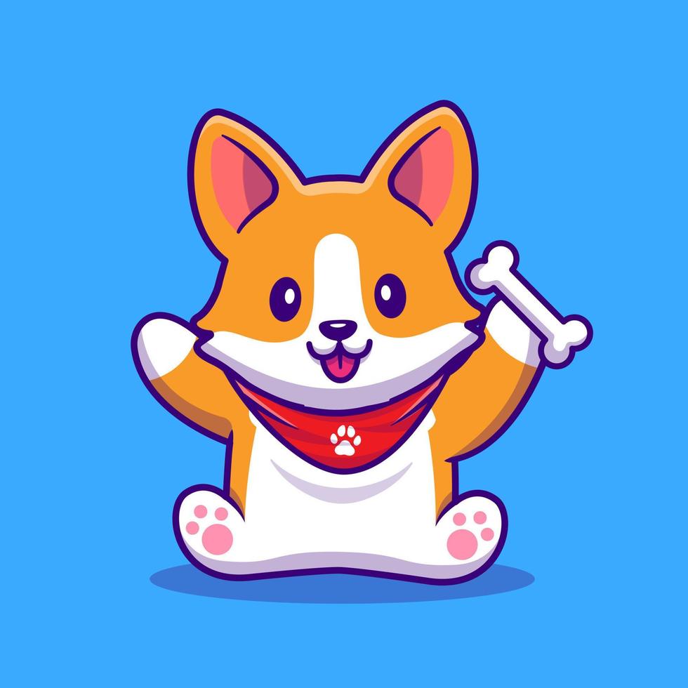 niedlicher corgi, der knochenkarikaturvektor-symbolillustration hält. Tierfutter-Icon-Konzept isolierter Premium-Vektor. flacher Cartoon-Stil vektor