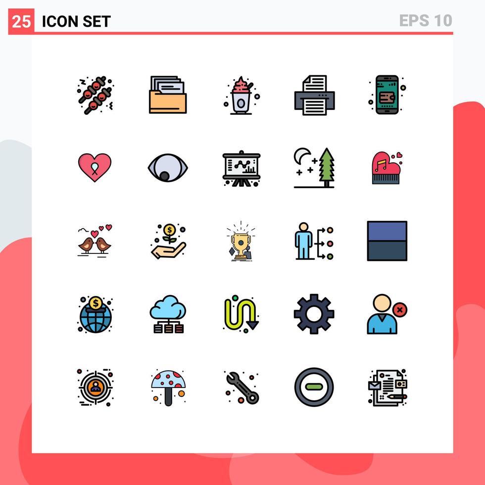 mobil gränssnitt fylld linje platt Färg uppsättning av 25 piktogram av kärlek handväska ljuv uppkopplad plånbok skrivare redigerbar vektor design element