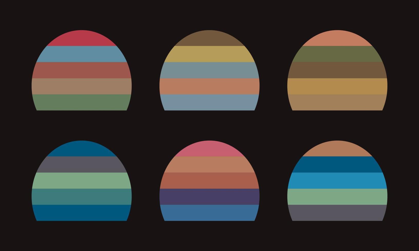 retro solnedgång, abstrakt 80s stil grunge randig solnedgångar. årgång färgrik randig cirklar för logotyp eller skriva ut design element vektor uppsättning.