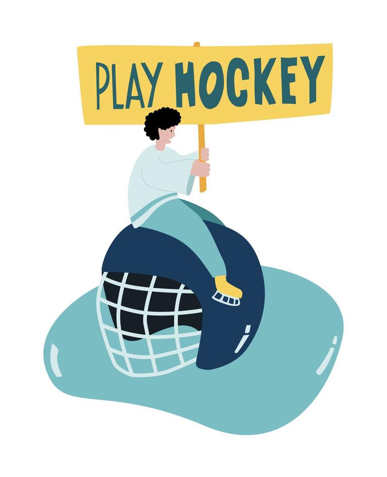 ein Eishockeyspieler, der mit einem Plakat auf dem Helm sitzt. schriftzug hockey spielen. vektor