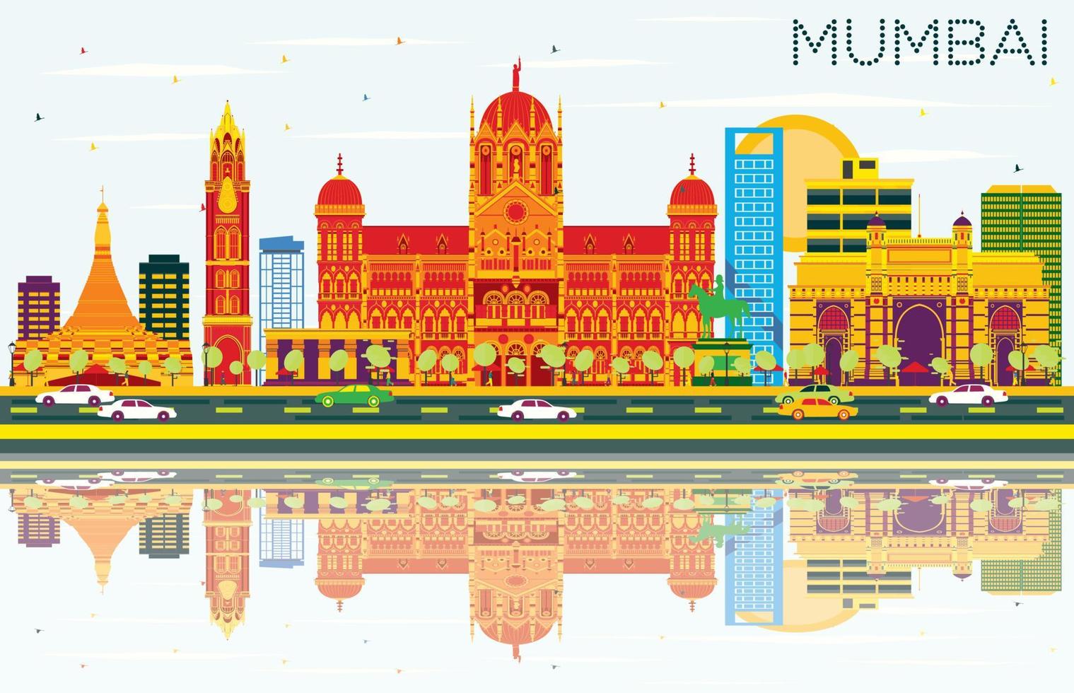 Skyline von Mumbai mit farbigen Gebäuden, blauem Himmel und Reflexionen. vektor