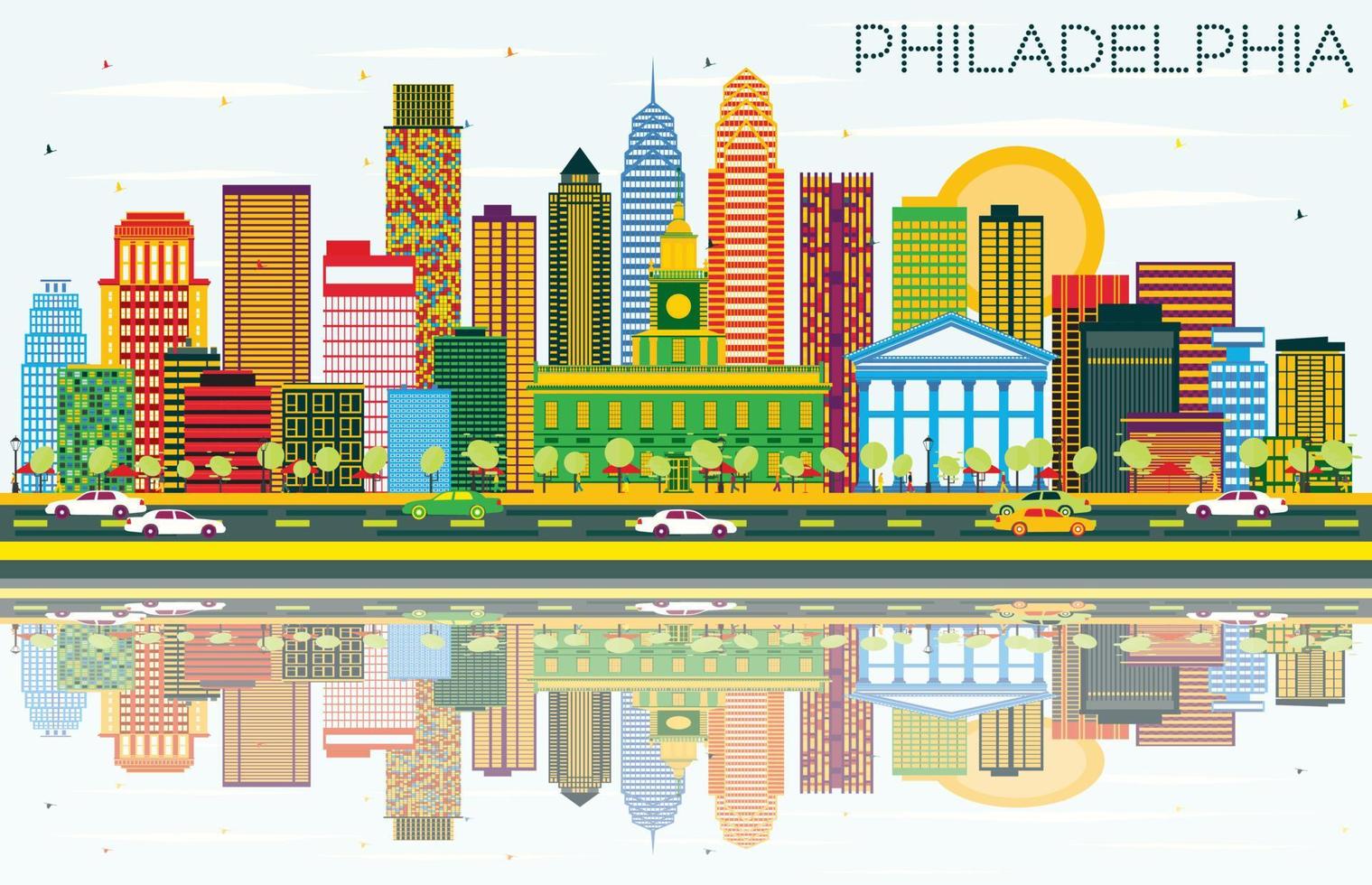 philadelphia-skyline mit farbigen gebäuden, blauem himmel und reflexionen. vektor